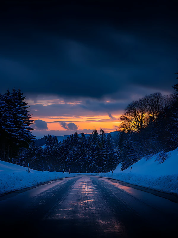 Winter Forest Road at Sunset 4K Desktop Wallpaper
