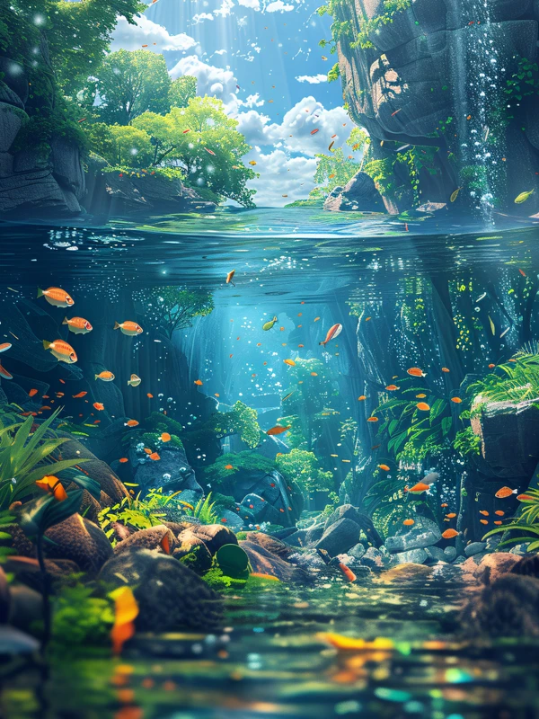 Oriental Art Underwater River 8K Ultra HD Desktop Wallpaper