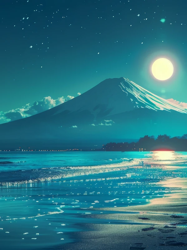 Japanese Mount Fuji Moonlit Beach 8K Ultra HD Desktop Wallpaper