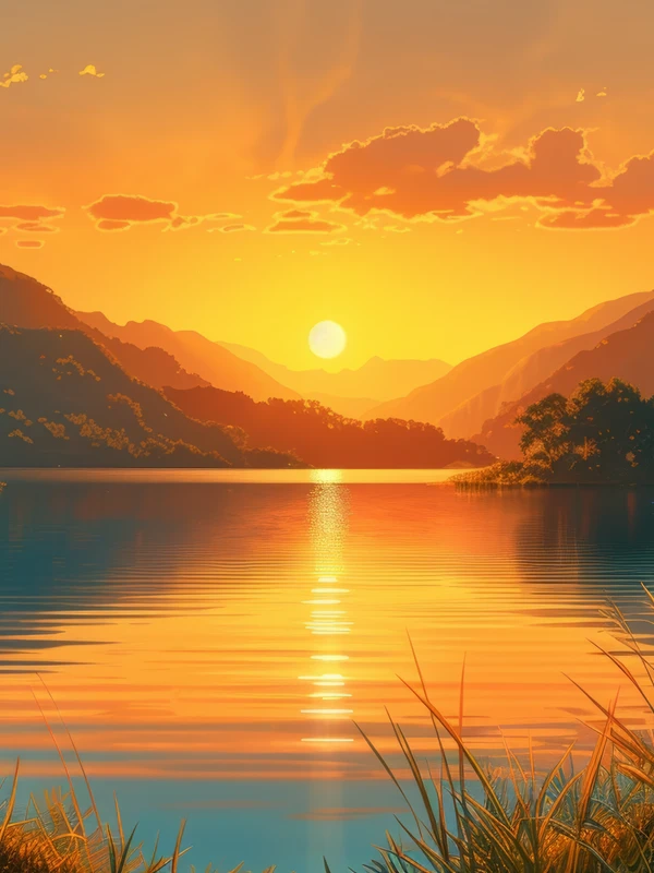 Oriental Art Sunset Lake 8K Ultra HD Desktop Wallpaper