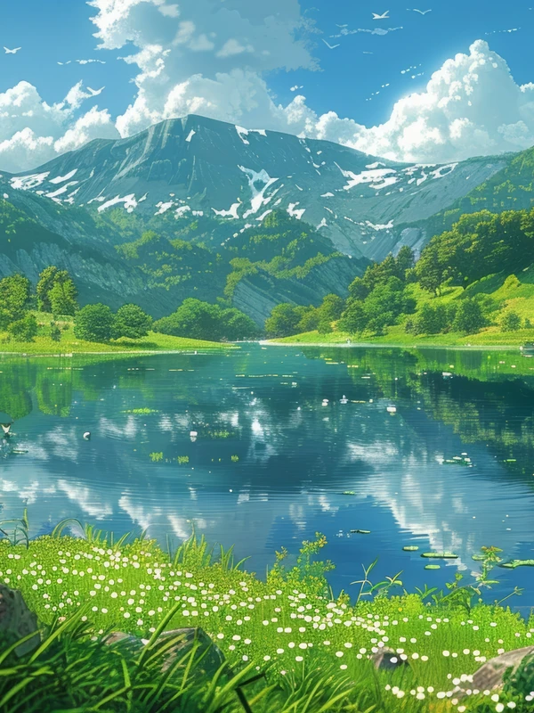 Anime Style Mountain Lake 8K Ultra HD Desktop Wallpaper